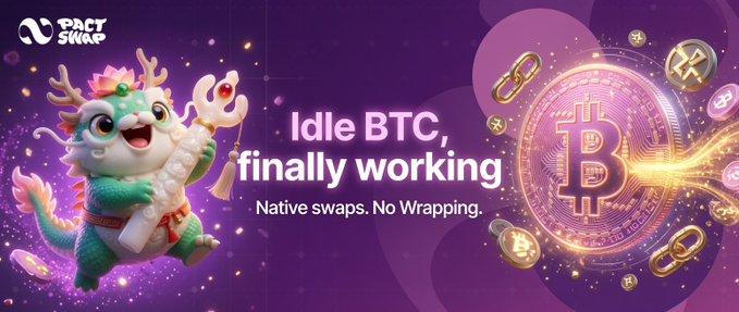 Pact Swap promotional banner featuring a cute dragon mascot, reading 'Idle BTC, finally working - Native swaps. No Wrapping.' with Bitcoin imagery.