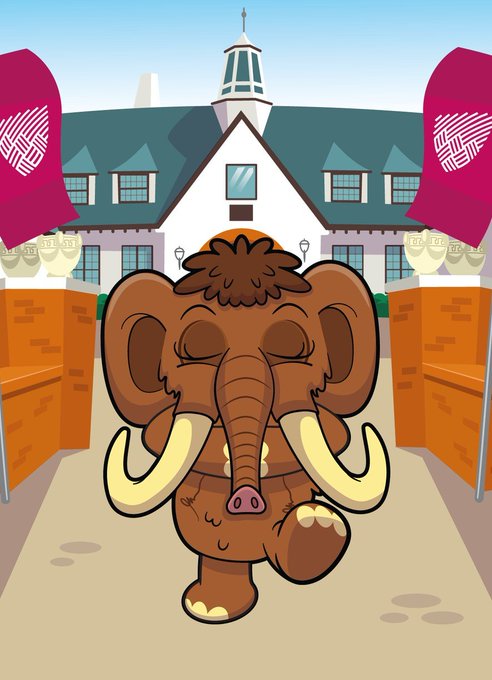 A cartoon mammoth with closed eyes walking on a path toward a building, flanked by red banners with woven designs.