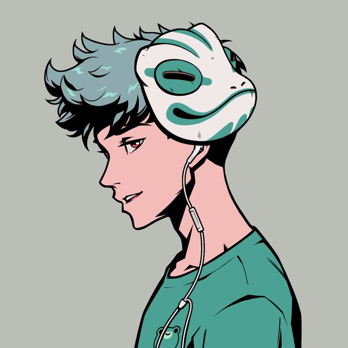 A digital drawing showing a side profile of a person with teal hair wearing a white and teal mask pushed up on their head, with wired earphones.