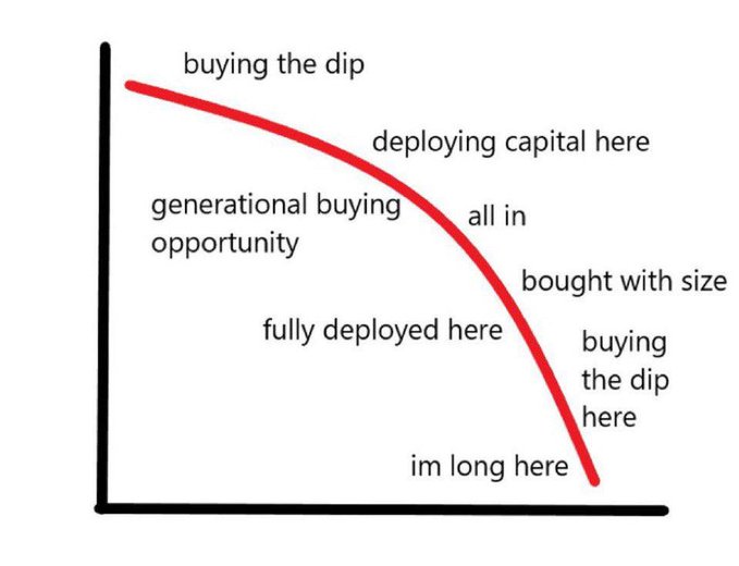 A chart depicting a descending red curve with commentary labels—including "buying the dip," "deploying capital here," "generational buying opportunity," "all in," "bought with size," "fully deployed here," and "im long here"—illustrating how retail investors progressively commit more capital as an asset falls, only to remain fully exposed at the bottom.