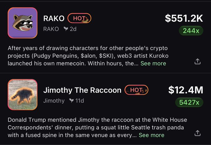 The image shows a trending memecoin tracker featuring RAKO at $551.2K with a 244x gain (labeled "HOT") and Jimothy The Raccoon at $12.4M with a 5427x gain, both posted within the last 11 days. This aligns with the accompanying post, which promotes $RAKO as a trending token on pumpfun, highlighting bullish expectations for upcoming listings and marketing activity.