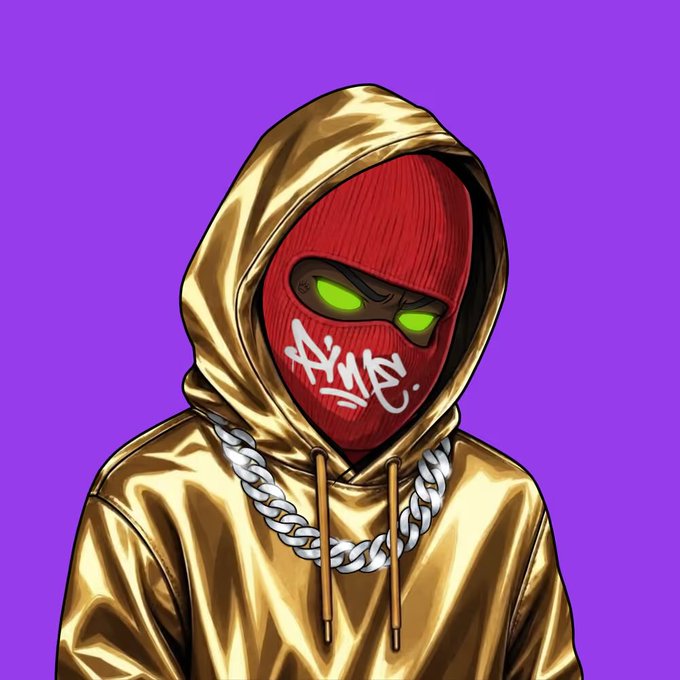 Digital illustration of a figure in a gold hooded jacket wearing a red ski mask with glowing green eyes and graffiti-style white lettering, with a silver chain necklace, set against a purple background.