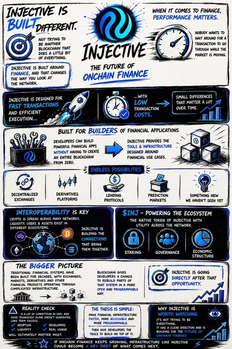 The image is an infographic showcasing **Injective**, a blockchain built specifically for finance, emphasizing features like fast transactions, low costs, and interoperability, along with its role in DeFi, trading, exchanges, derivatives, lending protocols, and prediction markets. Key highlights include the **INJ** token for staking, governance, and economic structure, and Injective's vision to become the future of onchain finance—aligning with the post's message about Injective's focused, finance-first approach rather than being a general-purpose blockchain.