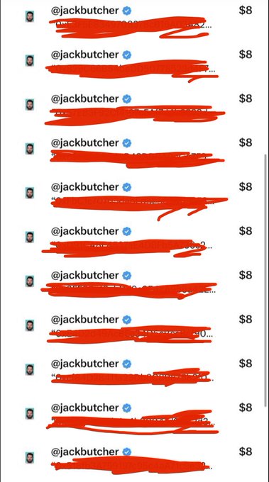 A series of redacted tweets from @jackbutcher priced at $8, with the content of each tweet obscured by red scribbles, aligning with the post's suggestion of a $8.01 priced coin listing and potential giveaway.