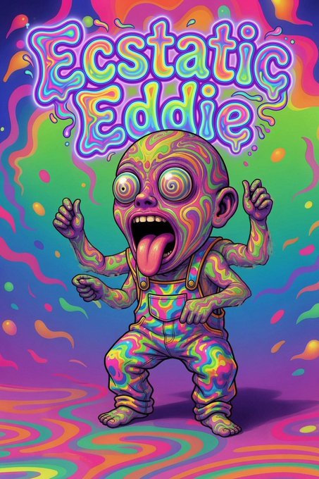 A vibrant, psychedelic illustration titled 'Ecstatic Eddie' featuring a cartoonish figure with a multicolored, swirling patterned body, large swirly eyes, and tongue out, set against a neon, wavy background.