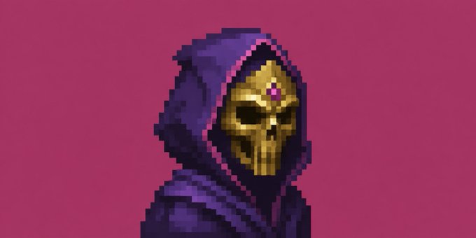 A pixel art illustration of a skull-faced figure in a purple hooded robe with a golden jewel on the forehead, set against a solid magenta background.