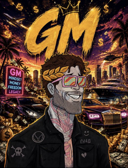 A stylized cartoon illustration shows a tattooed figure wearing rainbow-lensed sunglasses and a laurel wreath, with "GM" in large gold lettering and a crown overhead, surrounded by luxury items like yachts, Rolls-Royces, and piles of cash. A neon sign reads "GM MINDSET MONEY FREEDOM LEGACY," reinforcing the post's message about joining the GM community as one of the first 50 members.