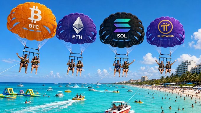 **Caption:** Four parasailers glide over a sunny beach, each carrying a parachute branded with BTC, ETH, SOL, and PI Network logos, while the caption "Bitcoin never sleeps, but we do" humorously contrasts the nonstop crypto market with the relaxed weekend lifestyle depicted in the tropical scene.