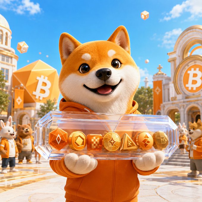 A 3D-rendered cartoon Shiba Inu dog wearing an orange hoodie holding a clear container filled with various cryptocurrency coins, including Bitcoin, Ethereum, and others, with other dog characters in the background.