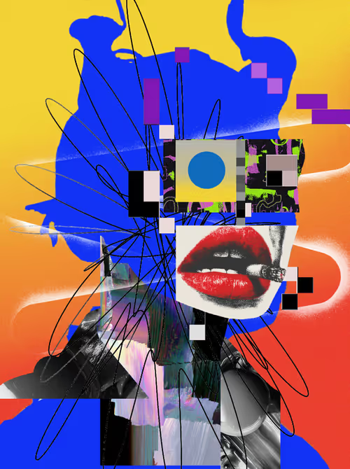A vibrant pop-art style collage with a yellow/orange/blue background featuring a pair of red lips holding a cigarette, geometric shapes, and a cityscape silhouette.