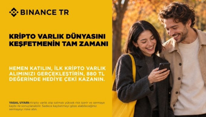 A Binance TR promotional banner in Turkish featuring a couple looking at a phone, advertising a crypto asset promotion with text reading 'KRİPTO VARLIK DÜNYASINI KEŞFETMENİN TAM ZAMANI' and offering 880 TL worth of gift voucher for first crypto purchase.