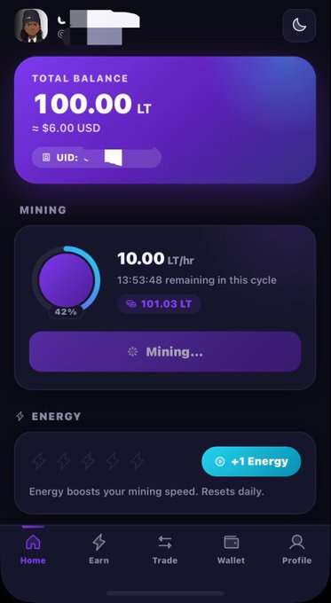 A mobile app interface shows a 'TOTAL BALANCE' of 100.00 LT (~$6.00 USD), with a 'MINING' section indicating 10.00 LT/hr and a 42% progress circle, alongside an 'ENERGY' section with a '+1 Energy' button.