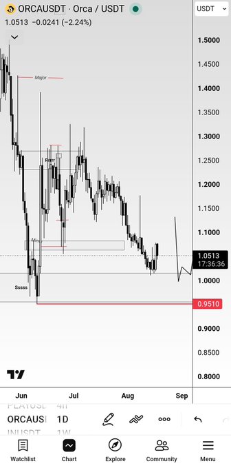 A TradingView daily candlestick chart shows ORCA/USDT trading at 1.0513 (-2.24%), with the price reacting from the highlighted 0.9510 support level near the "Ssss" zone, reinforcing the post's claim that $Orca bounced off a key watched level.