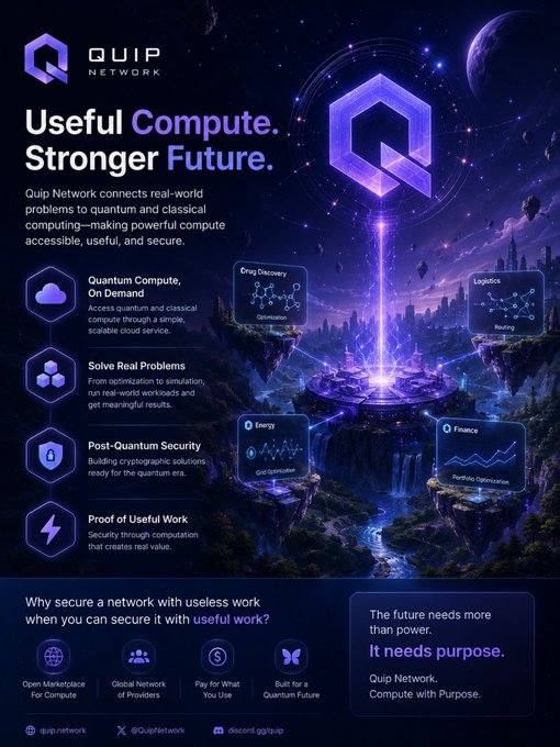 The image features a purple background with a large blue Q symbol at the center. Below the Q symbol, there are descriptions of various aspects related to computing and technology. The text explains that Quip Network is treating quantum computing as an infrastructure challenge rather than focusing on speculation or speed. This approach involves exploring how to use the principles of quantum computing in real-world applications for a more efficient future.