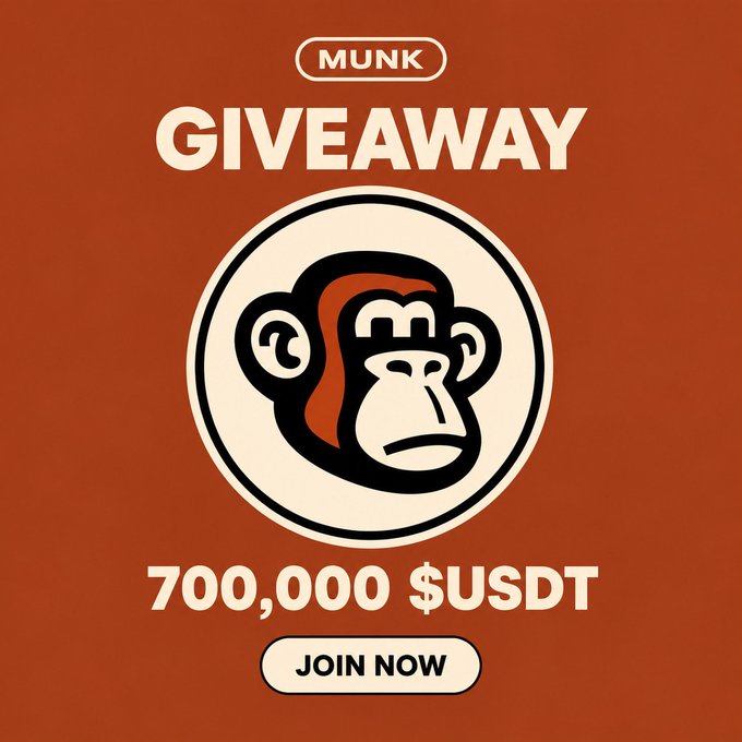 A promotional graphic with an orange color scheme advertising a 'MUNK' giveaway of 700,000 $USDT featuring a monkey mascot and a 'JOIN NOW' button.