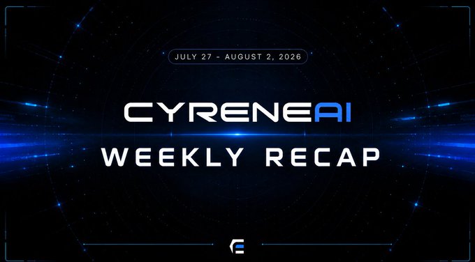 The image is a promotional graphic for the "CYRENE AI WEEKLY RECAP" dated "JULY 27 - AUGUST 2, 2026," set against a dark, cosmic background with blue light streaks and a small logo at the bottom. It serves as a visual header for the post, which summarizes key ecosystem updates from that week, including the launch of the CyreneAI Referral Program.
