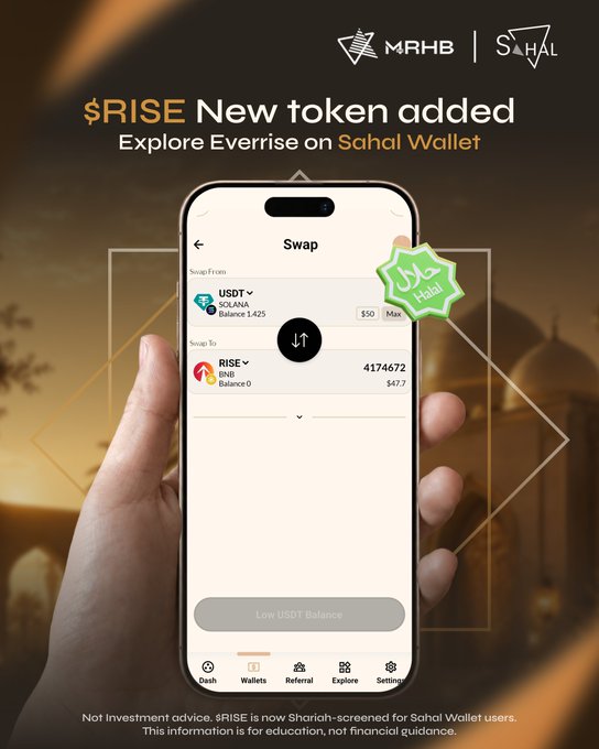 Promotional ad for MRHB Network and Sahal Wallet announcing '$RISE New token added - Explore Everrise on Sahal Wallet', showing a phone displaying a USDT to RISE swap interface.