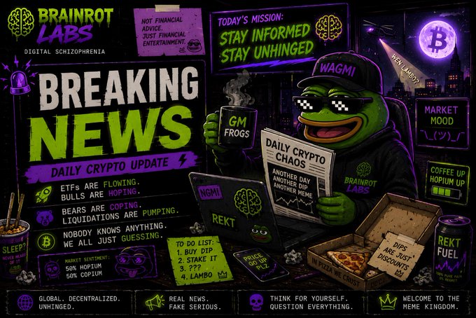 A digital promotional graphic for 'BRAINROT LABS' advertising 'BREAKING NEWS' and a 'DAILY CRYPTO UPDATE' featuring a Pepe-style frog character in a 'WAGMI' hat reading a 'DAILY CRYPTO CHAOS' newspaper, with text mentioning ETFs, bulls, bears, and a market sentiment of 50% hopium/50% copium.