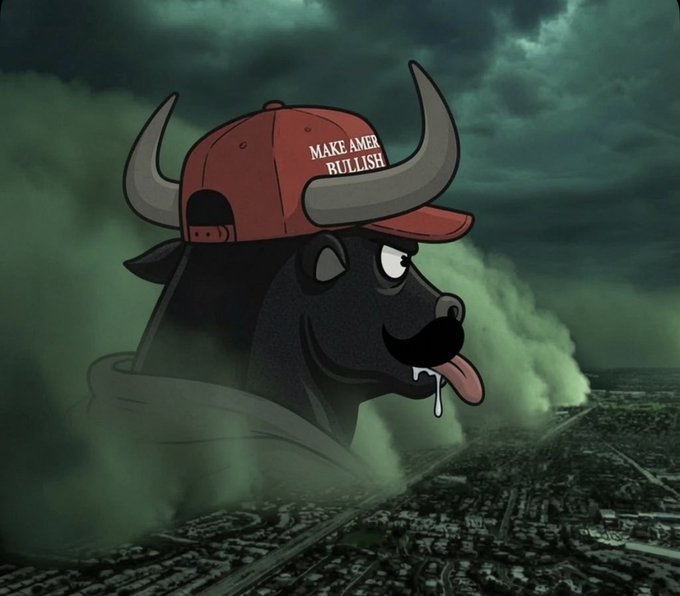 A massive cartoon bull wearing a red "MAKE AMER BULLISH" cap looms over a city shrouded in ominous green storm clouds, drooling with hungry anticipation. The apocalyptic imagery of a towering "bullish beast" descending on a city aligns with the post's reference to "$POORGOAT & $ANSEM," symbolizing a powerful market rally overshadowing smaller assets.