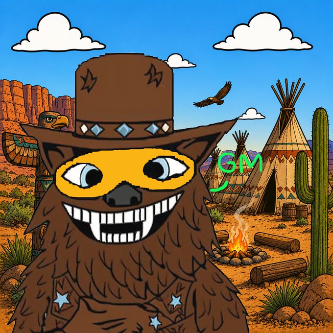 A cartoon illustration of a smiling beaver-like creature wearing a brown hat in a western desert setting with tipis and a campfire, with green 'GM' text overlaid.