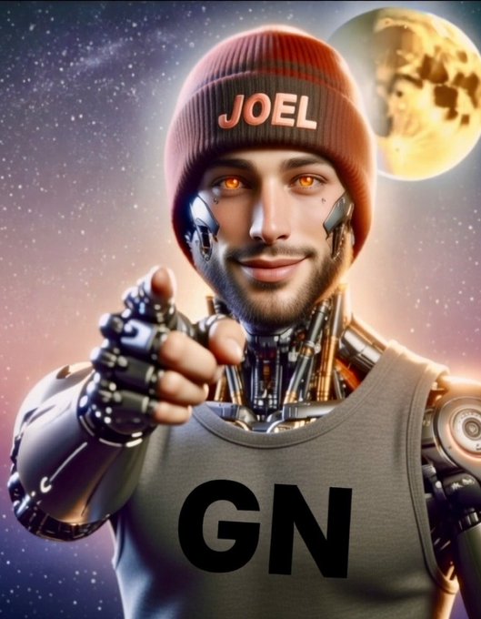 A digital illustration of a futuristic cyborg man wearing a red beanie labeled "JOEL" and a tank top with "GN" printed on it, pointing at the viewer against a cosmic background.