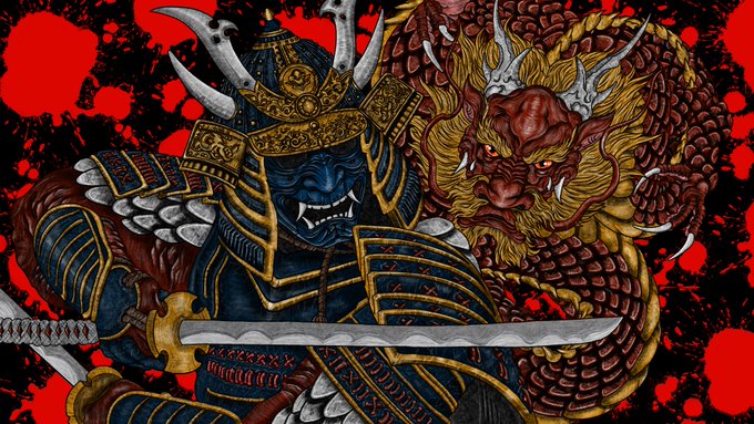 A vibrant hand-drawn digital artwork depicts a blue-armored samurai with a horned helmet and bared fangs locked in battle with a snarling red-and-gold dragon, both wielding swords against a splattered red background—perfectly capturing the "Dance of Steel & Fire" #TezTuesday 1/1 NFT piece.