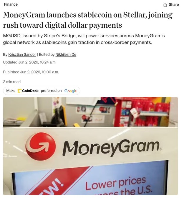 The image shows a news article about MoneyGram launching stablecoin on Stellar, which is a type of cryptocurrency. The headline reads "MoneyGram Launches Stablecoin on Stellar, Joining Rush Towards Digital Dollar Payments". The article also mentions that the company has issued an updated press release and that it is backed by global network giants like Google and Facebook.