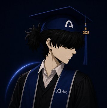 An anime-style illustration of a young man in a blue graduation gown and cap with a tassel marked '2026', wearing an 'Arc' sash.