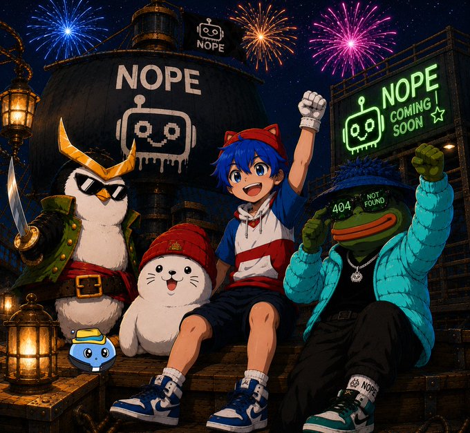 An anime-style illustration featuring characters including a blue-haired boy, a penguin with sunglasses, a frog in a puffer jacket, and signs reading 'NOPE' and '404 NOT FOUND' with fireworks in the background.