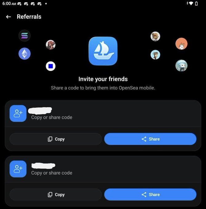 A mobile app screenshot titled 'Referrals' showing the OpenSea logo with the text 'Invite your friends' and 'Share a code to bring them into OpenSea mobile,' along with copy/share code buttons.