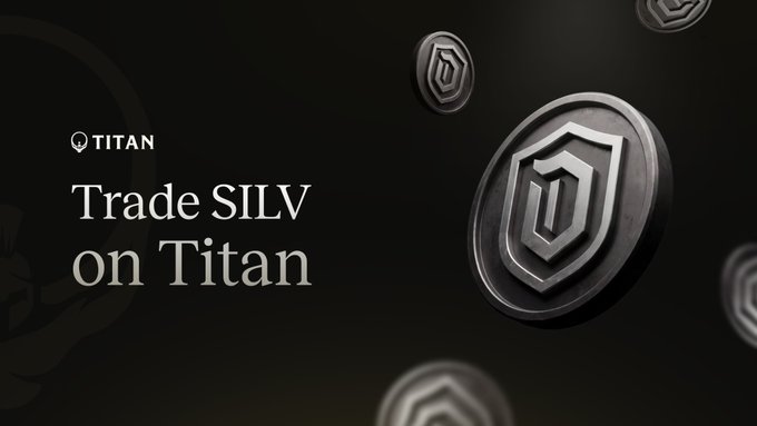 Promotional graphic for Titan exchange featuring metallic coin tokens with the "T" shield logo floating against a dark background, accompanied by the text "Trade SILV on Titan" and the Titan logo in the top-left corner, announcing that the SILV token from Dominion Market, issued on Solana via Sunrise, is now available for trading on the Titan platform.
