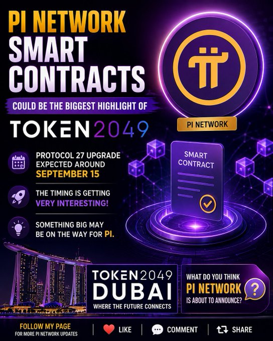 A vibrant purple and orange promotional graphic for Pi Network highlighting "SMART CONTRACTS" and "TOKEN 2049 DUBAI," featuring the Pi Network logo, key points about the Protocol 27 upgrade expected around September 15, and the tagline "Where the Future Connects," directly supporting the post's claim that Pi Network may reveal major Smart Contract developments at the TOKEN2049 conference.