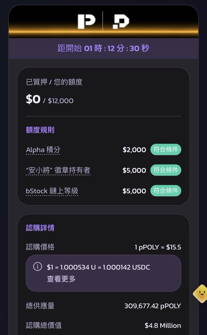 A dark-themed cryptocurrency interface in Chinese showing a countdown timer, pledge amounts, and details for purchasing pPOLY tokens at $15.5 each.