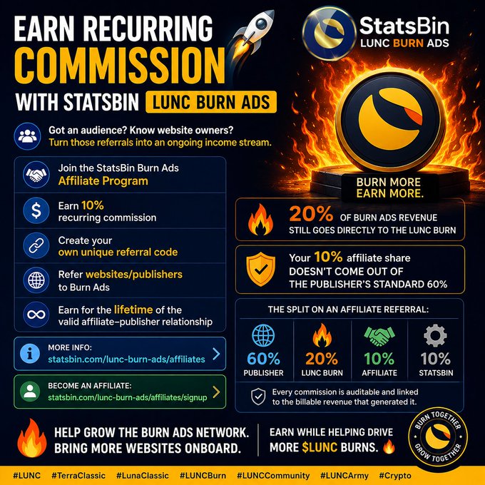A promotional graphic for 'StatsBin LUNC BURN ADS' affiliate program, highlighting 'EARN RECURRING COMMISSION', a 10% lifetime recurring commission, and hashtags like #LUNC, #TerraClassic, and #LunaClassic.