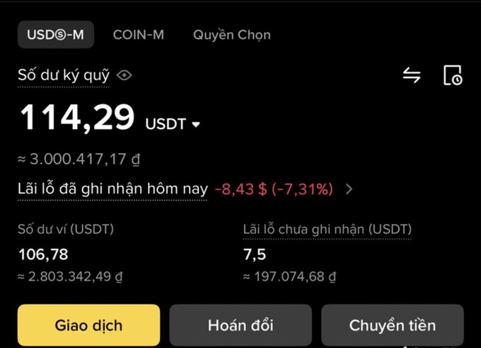 A Binance futures wallet screen in Vietnamese showing USDⓢ-M with a margin balance of '114,29 USDT' and today's P&L of '-8,43 $ (-7,31%)', with buttons for 'Giao dịch', 'Hoán đổi', and 'Chuyển tiền'.