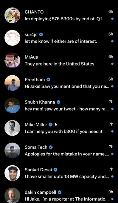 A screenshot of a direct message inbox showing numerous replies from users including CHANTO, sur4js, MrAus, Preetham, Shubh Khanna, Mike Miller, Soma Tech, Sanket Desai, and dakin campbell, many referencing B300 availability and deployment. The messages illustrate the "dozens" of responses the poster mentioned receiving about B300 nodes, with offers ranging from 576 units by Q1 to apologies and smaller capacity options.