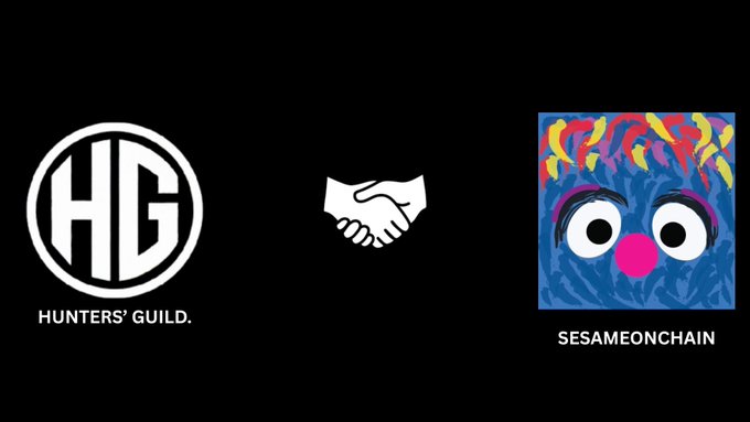 A graphic showing the 'Hunters' Guild' (HG) logo on the left, a handshake icon in the center, and the 'SESAMEONCHAIN' logo featuring a colorful character on the right, against a black background.