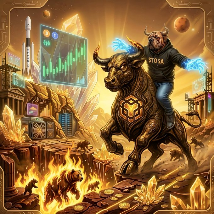 A muscular figure wearing a hoodie emblazoned with "$TOSA" rides atop a powerful bronze bull adorned with the TOSA logo, charging through a fiery crypto landscape as green bullish candlestick charts glow and bears flee into the flames—visually embodying the post's message that $TOSA on the BNB Chain will crush the bearish market with unstoppable upward momentum.