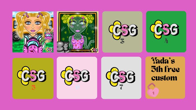 A digital graphic with a pink background displaying a 2x4 grid, with two illustrated characters on the left, six tiles labeled 'CSG' numbered 3-8, and an eighth tile reading 'Vada's 5th free custom'.