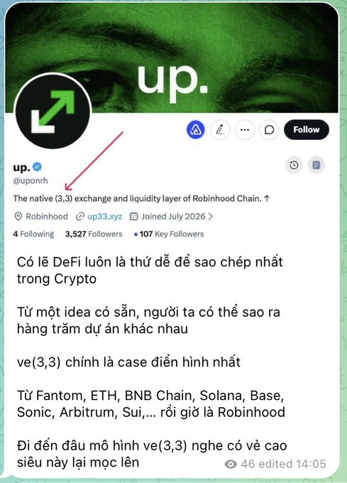 A screenshot of the X (Twitter) profile for 'up.' (@uponrh), described as 'The native (3,3) exchange and liquidity layer of Robinhood Chain', with Vietnamese commentary on DeFi ve(3,3) copy-cat trends.