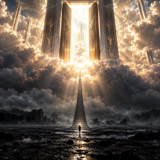 A fantastical digital artwork showing a lone figure standing at the base of a grand staircase ascending through clouds toward towering golden gates radiating brilliant light.