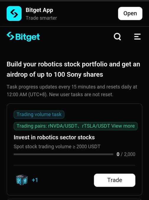 Bitget App promotional screen advertising a robotics stock portfolio airdrop of up to 100 Sony shares, featuring a trading volume task for rNVDA/USDT and rTSLA/USDT pairs.