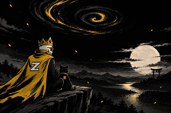 Stylized illustration of a crowned figure in a yellow cloak marked with a 'Z' sitting on a cliff edge beside a black cat with a matching 'Z' on its back, gazing at a swirling galaxy and full moon over a landscape with a Japanese torii gate.