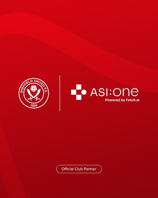 A red promotional graphic displaying the Sheffield United F.C. crest (founded 1889) alongside the ASI:One logo "Powered by Fetch.ai," separated by a vertical line, with "Official Club Partner" in a pill-shaped badge at the bottom — announcing Sheffield United's partnership with ASI:One as their official Personal AI Partner.