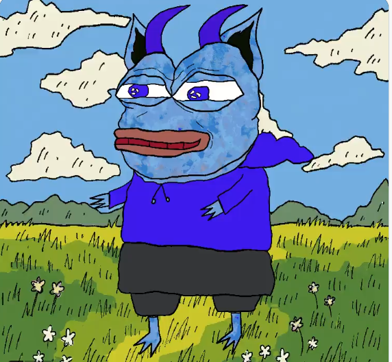 A crudely drawn cartoon illustration depicts a blue horned humanoid creature wearing a blue hoodie and dark shorts standing in a grassy field with white flowers under a cloudy sky.