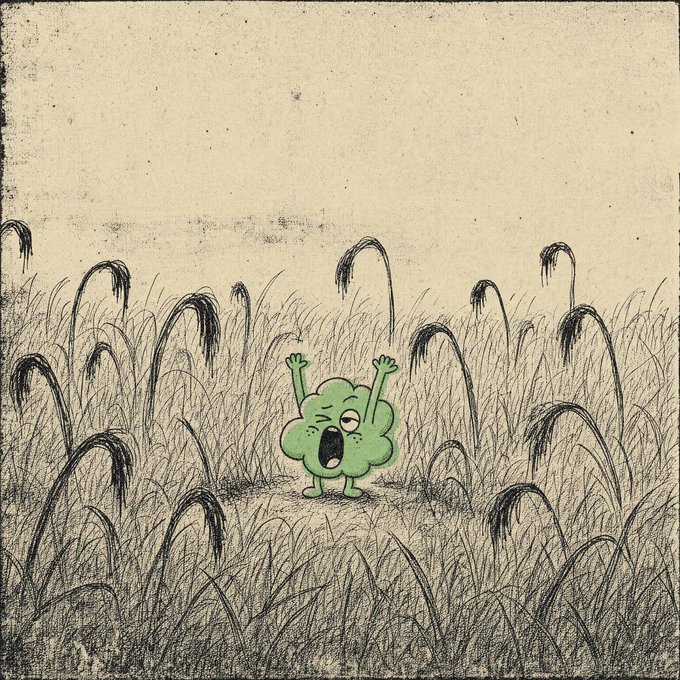 An illustration of a distressed, exhausted green blob-like creature standing in tall grass with its mouth open and arms raised, rendered in a sketchy, vintage style on aged paper.
