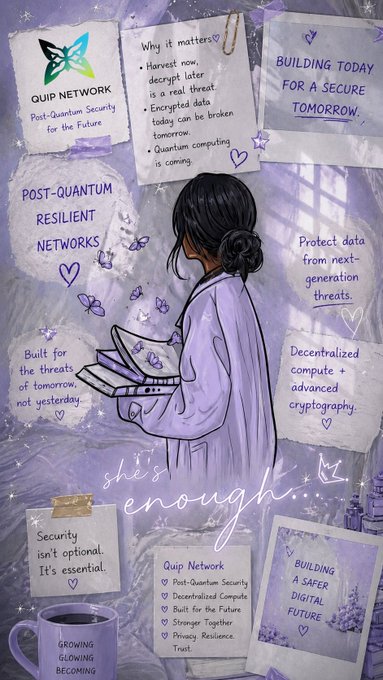 A purple-themed digital collage featuring 'Quip Network' branding, with text about 'Post-Quantum Security' and 'Building today for a secure tomorrow,' alongside an illustration of a woman holding a laptop.