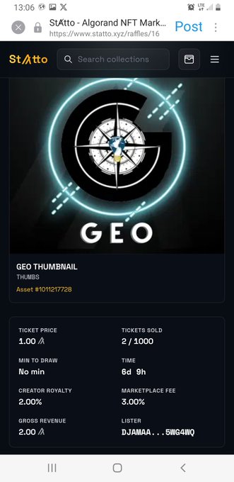 A mobile screenshot of the StAtto Algorand NFT Marketplace showing a 'GEO THUMBNAIL' NFT by DJAMAA with ticket price 1.00 ALGO, 2/1000 tickets sold, and time remaining of 6d 9h.