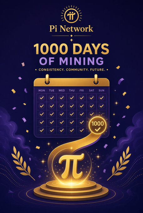 A promotional graphic for Pi Network celebrating '1000 DAYS OF MINING' with a calendar showing checkmarks and a golden Pi symbol trophy.
