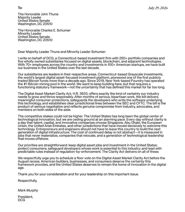 This image is a letter from DCG President Mark Murphy to Senate Majority Leader John Thune and Minority Leader Charles Schumer, dated July 29, 2026, urging a floor vote on the Digital Asset Market Clarity Act, H.R. 3633, before the August recess.
